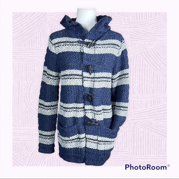 CHAPS Indigo Textured Knit Toggle Button Hooded Jacket in Small Petite - Picture 1 of 15
